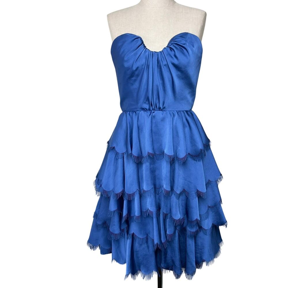 Rebecca Taylor Strapless Tiered Fringe Mini Dress Cobalt Blue Size 4 Weddings